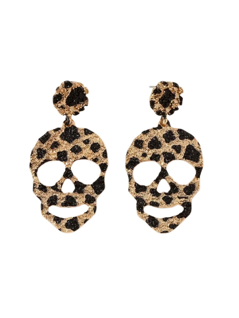 Leopard Print Metal Skull Statement Earrings
